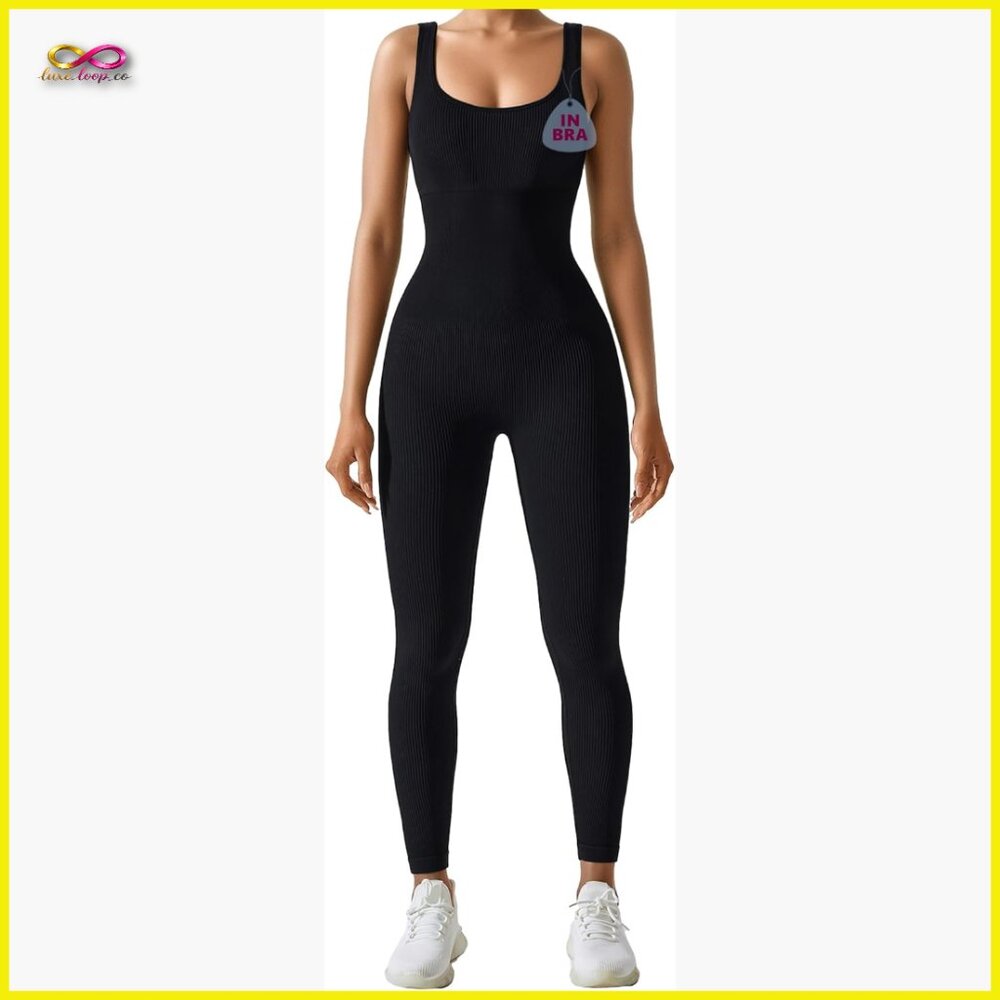Seamless Ribbed Jumpsuit Yoga Workout Romper Tummy Control Athletic Fit